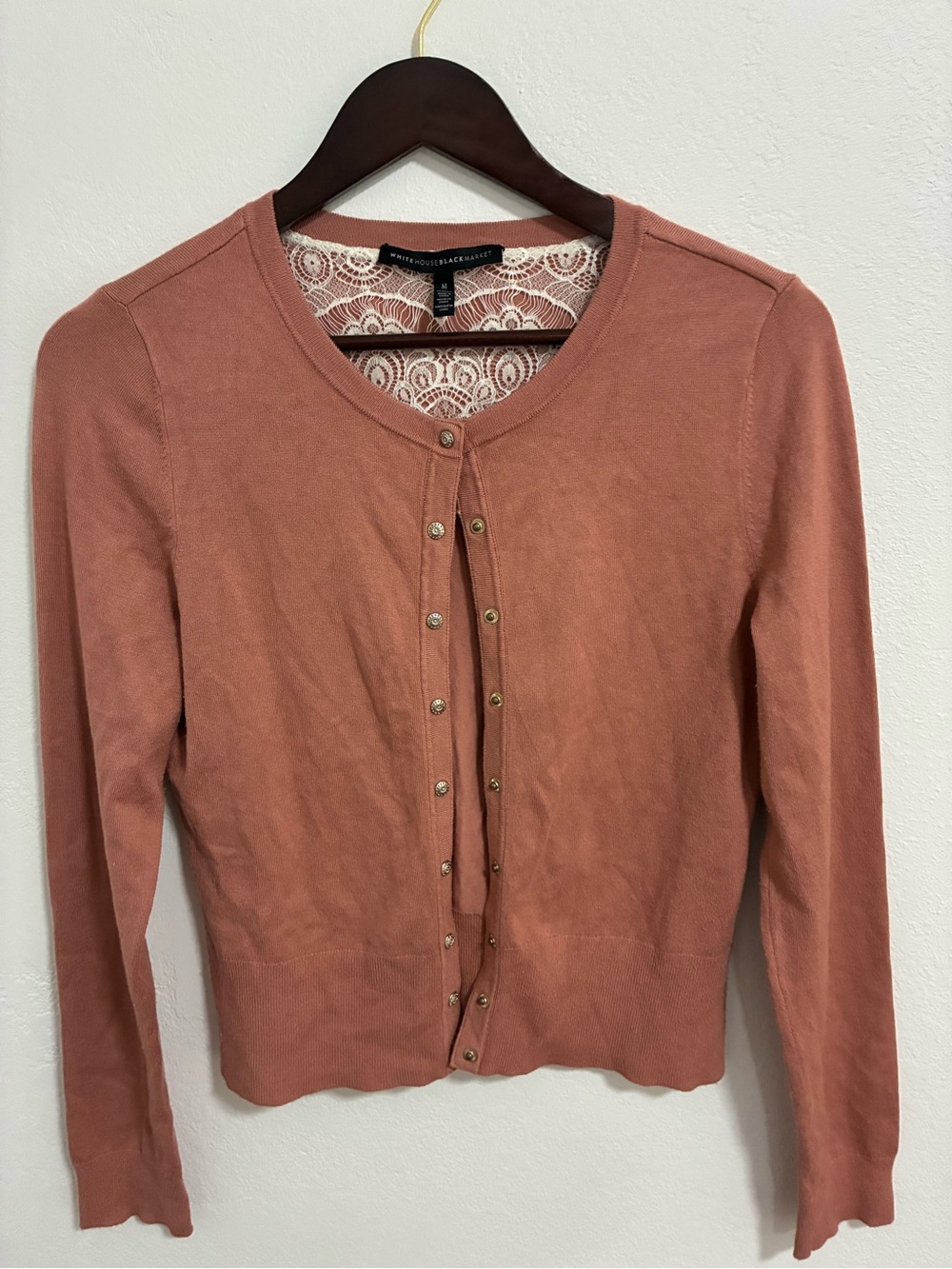 White House Black Market Rose Pink Lace-Back Snap Cardigan